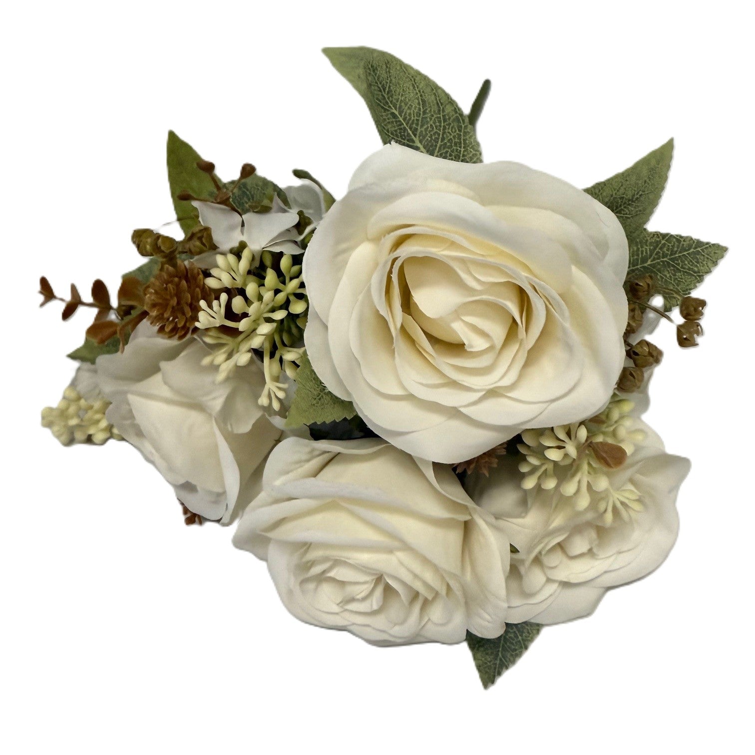 Floral headband with white roses and green leaves on a white background