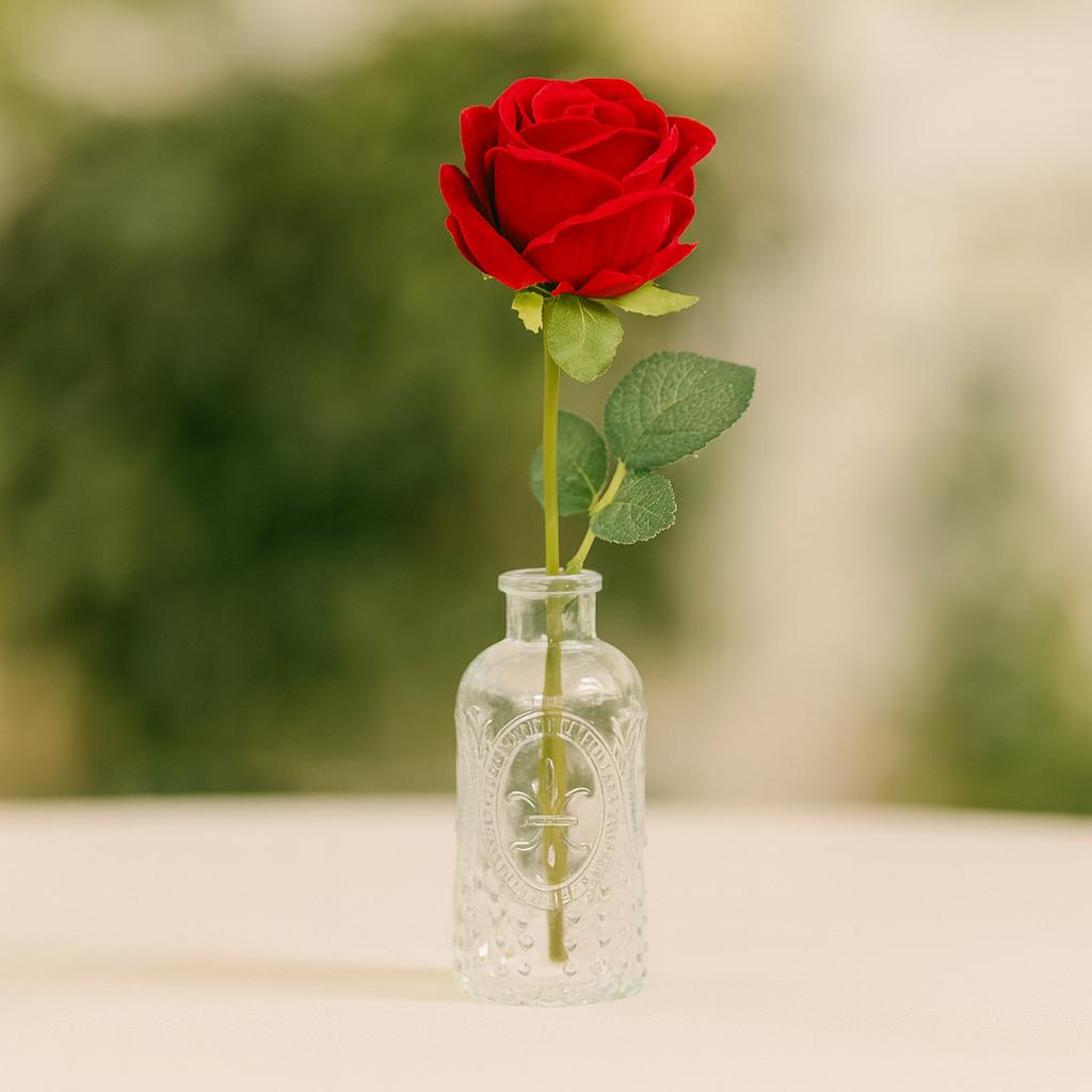 Red rose in a clear glass bottle with a blurred green background