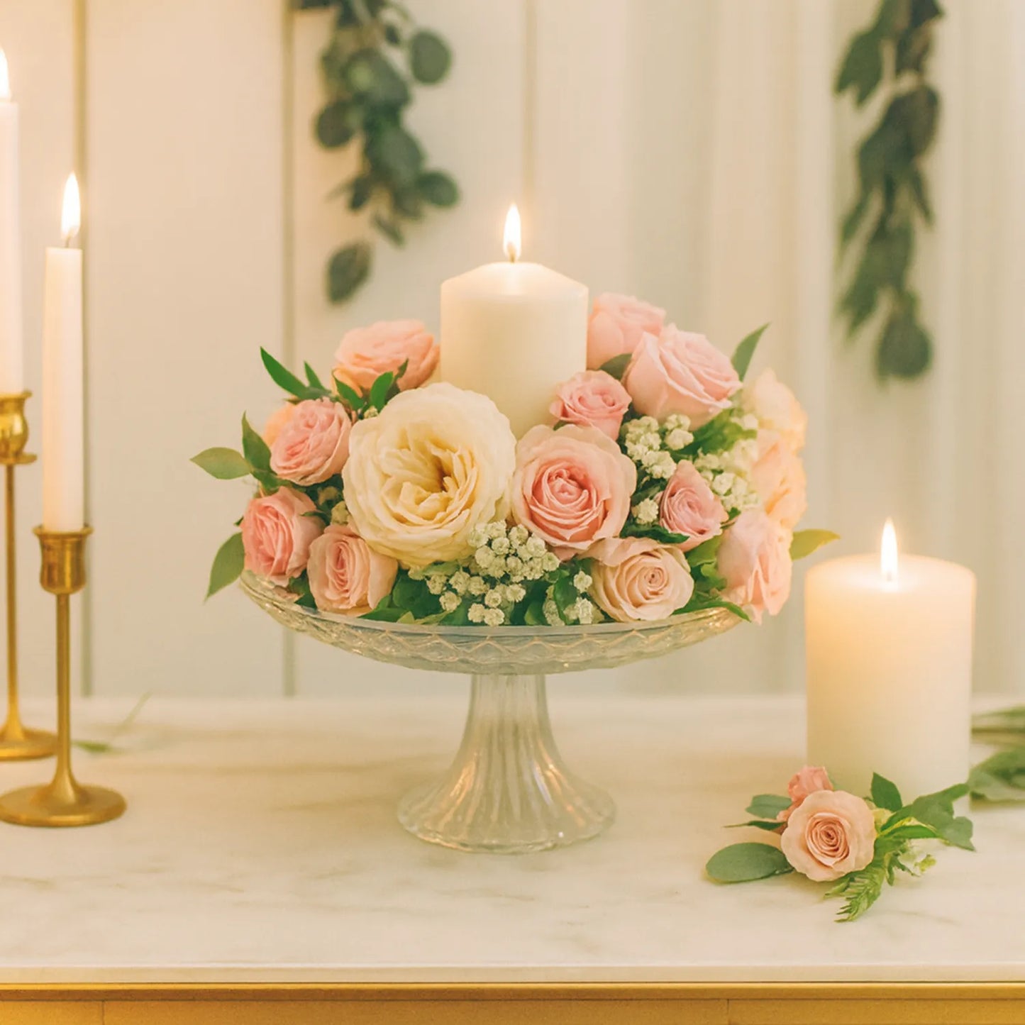 Floral arrangement with a central candle on a glass stand, surrounded by candles and greenery.