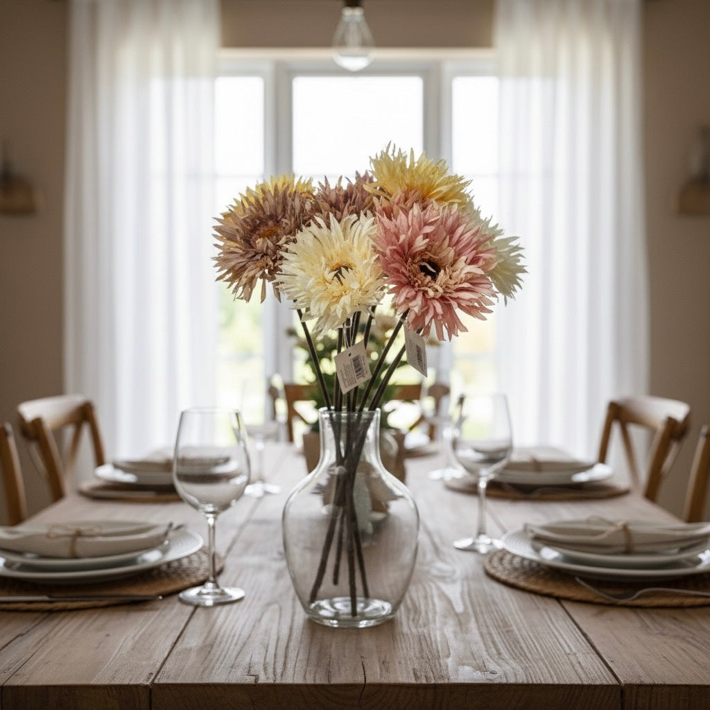 Dining table set with a vase of flowers in the center, blurred background