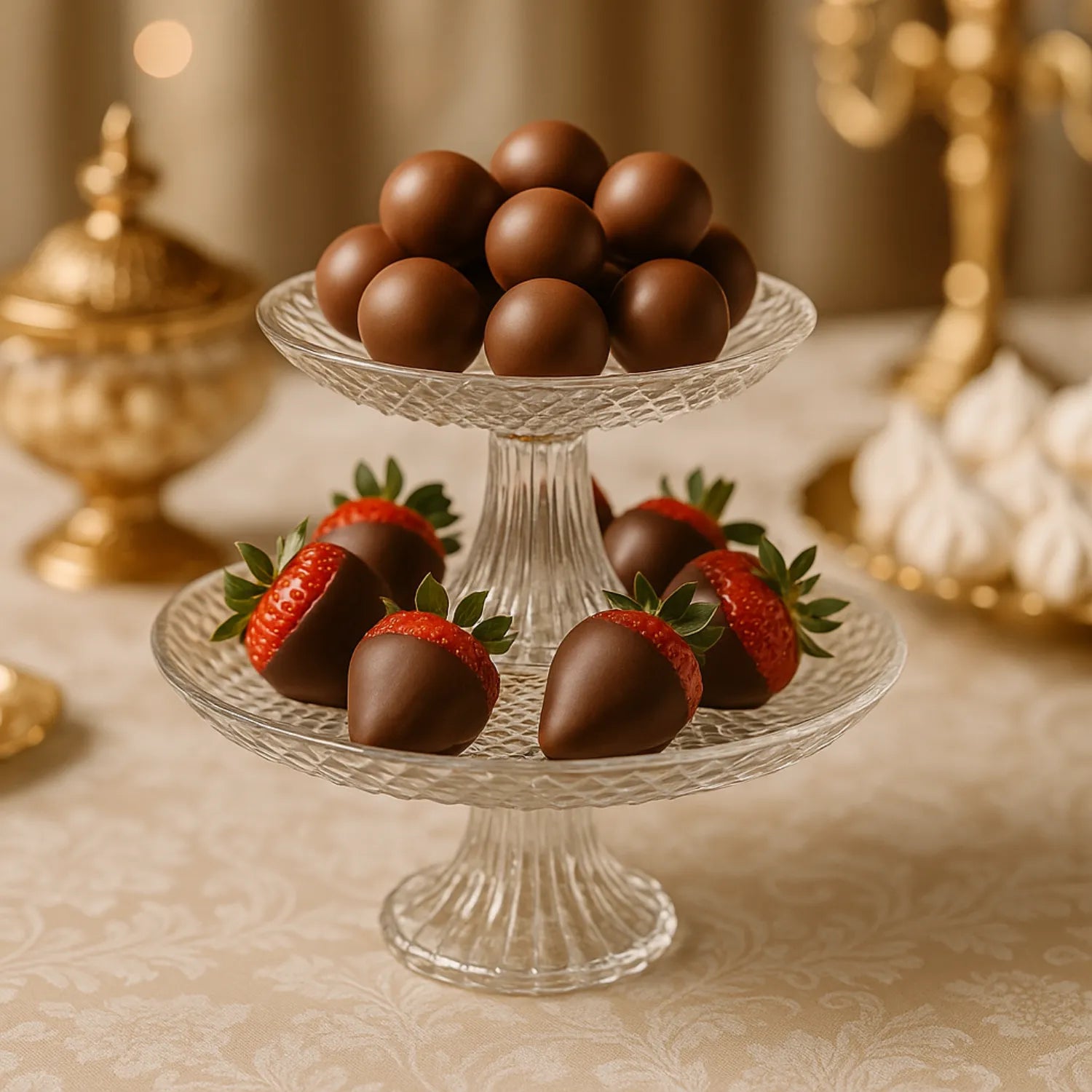Chocolate-covered strawberries and truffles on a decorative stand with a blurred background