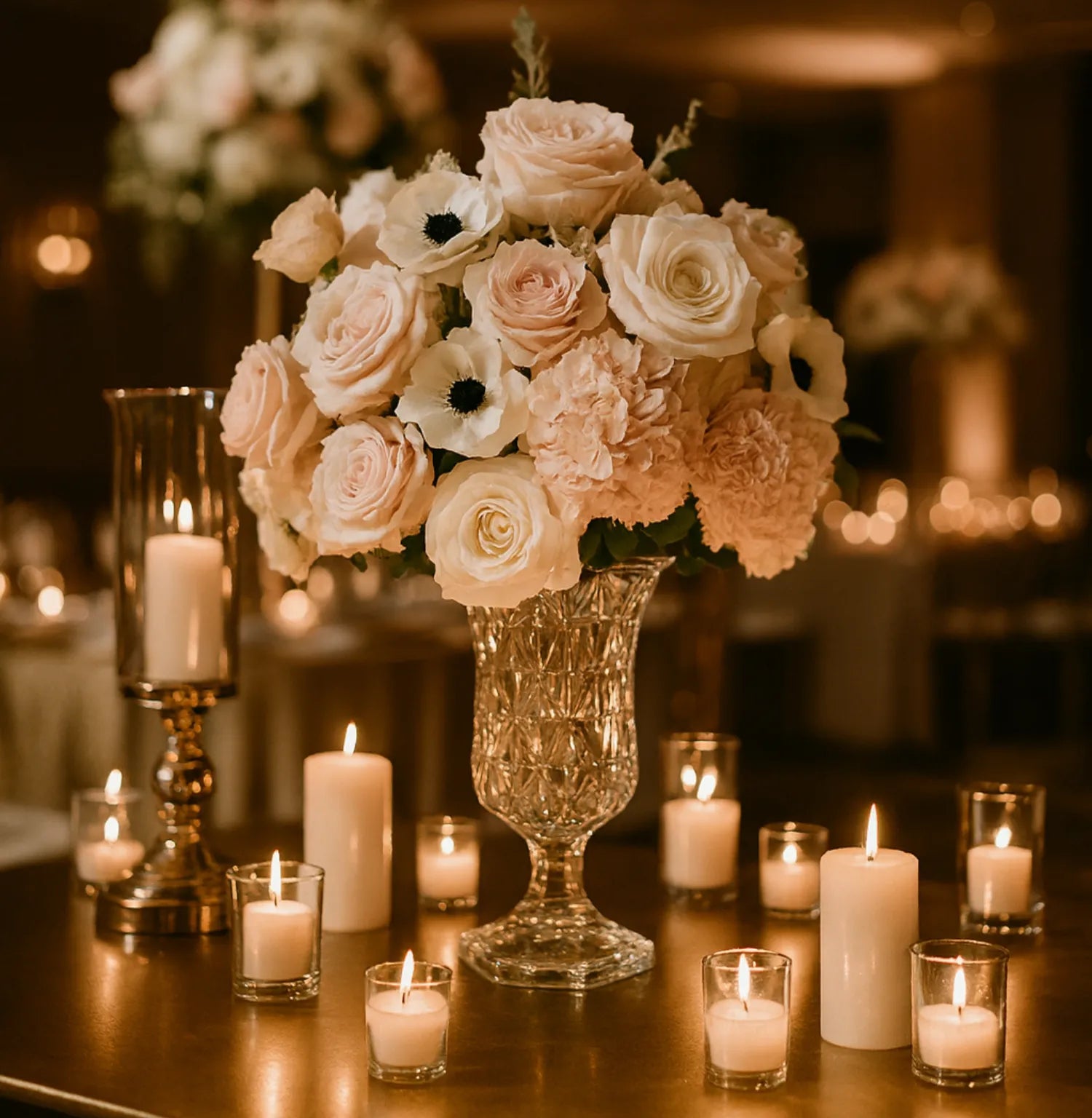 Decorative floral arrangement in a crystal vase with candles on a table.