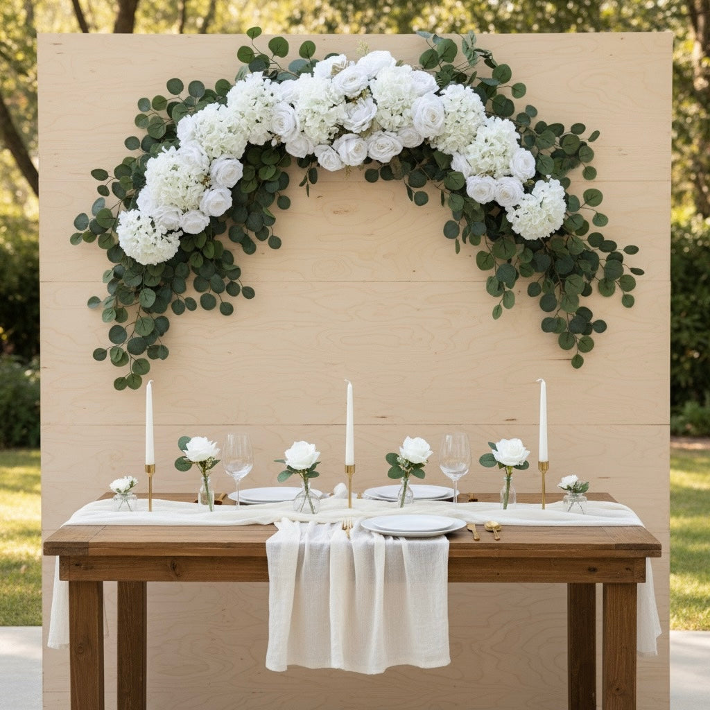 Decorative floral arch with white flowers and green leaves above a set dining table outdoors.