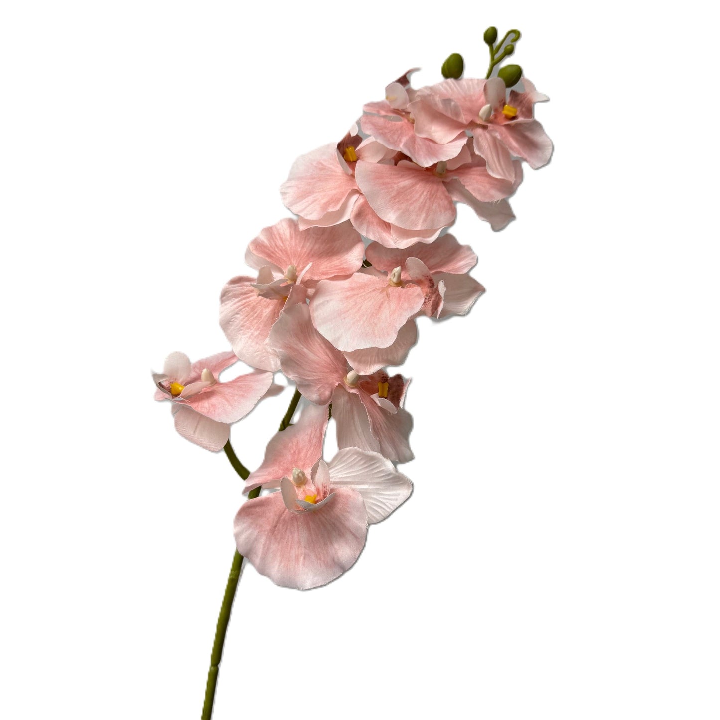 Artificial pink orchid flower branch on a white background