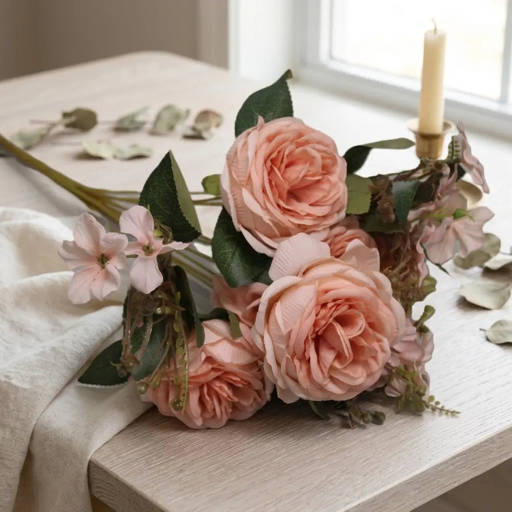 Premium Artificial Flowers Bouquet – Elegant Decor (Soft Peach, Pink & White)