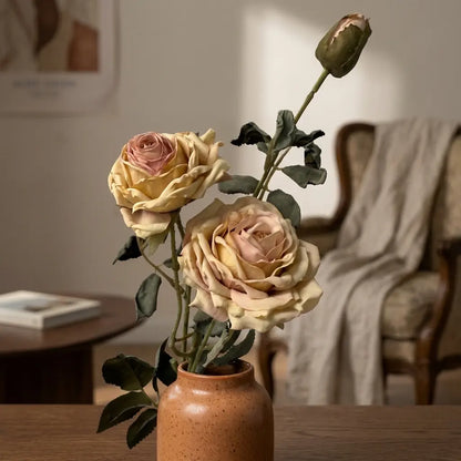 Triple-Bloom Artificial Rose Stem – Premium Lifelike Vintage Pink & Cream Rose Branch