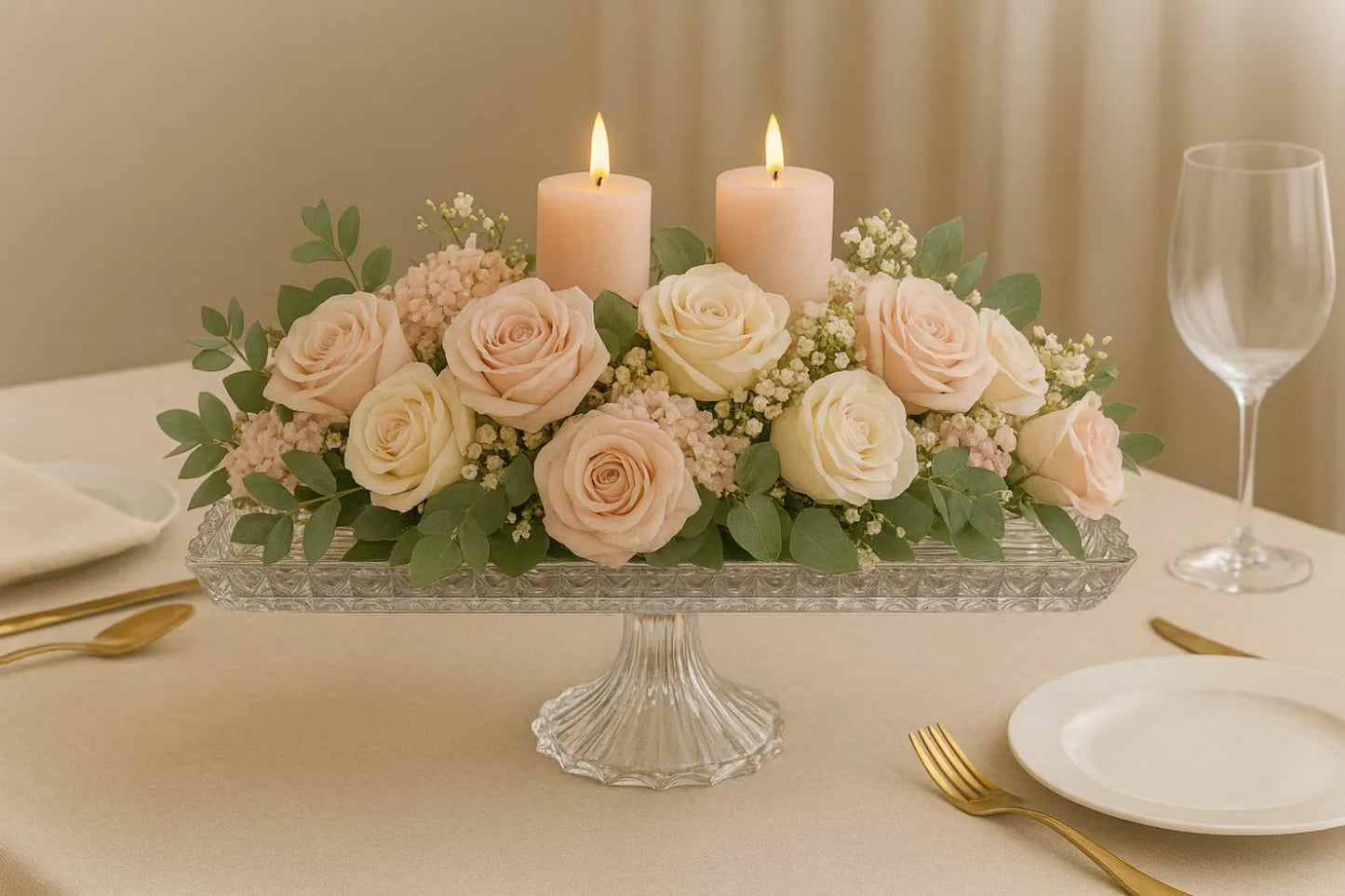 Floral arrangement on a glass stand with candles and table setting