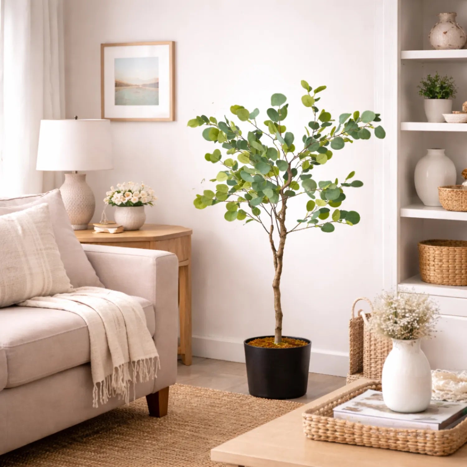 Living room with a potted plant, sofa, and decorative items.