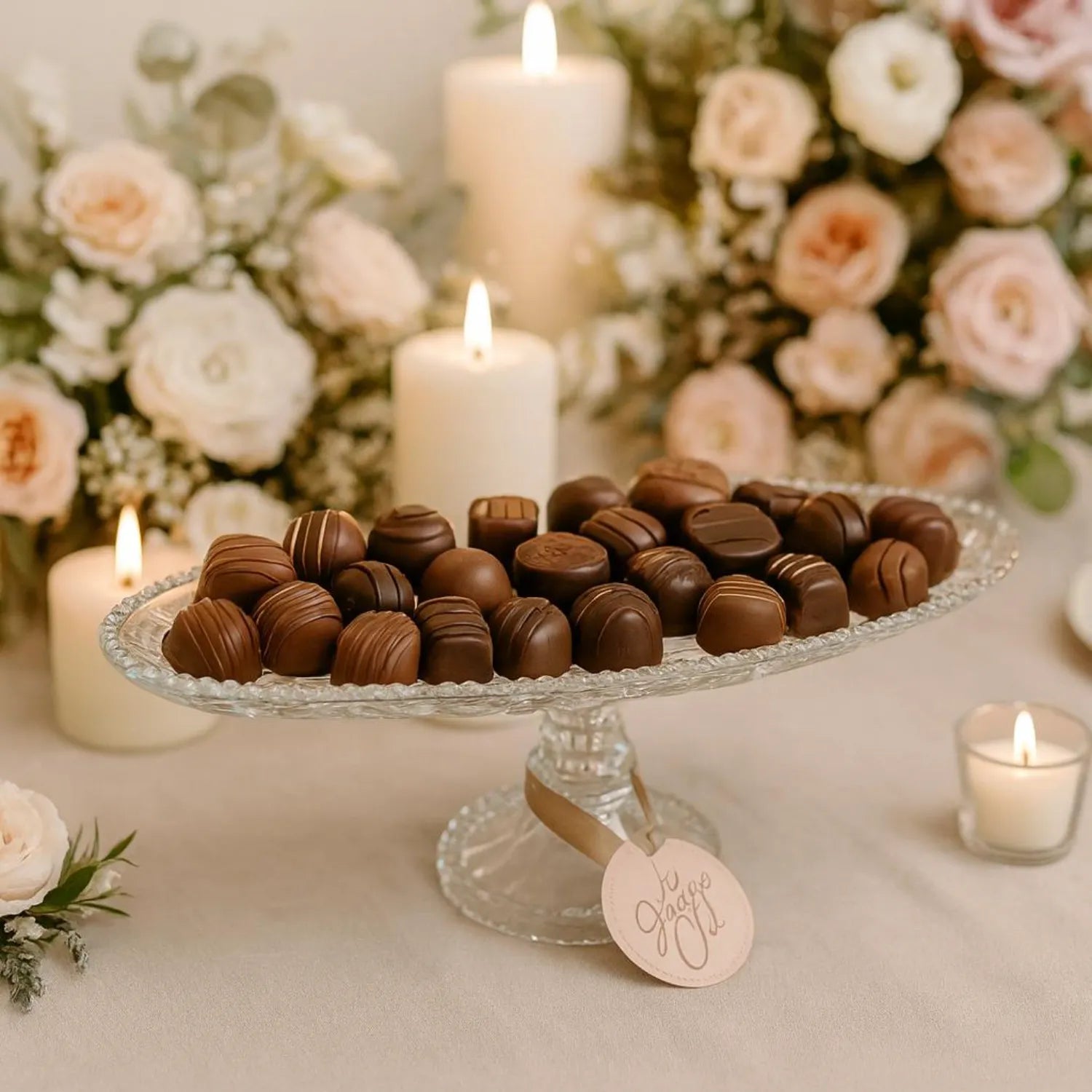 Glass stand with chocolate truffles on a table with candles and flowers