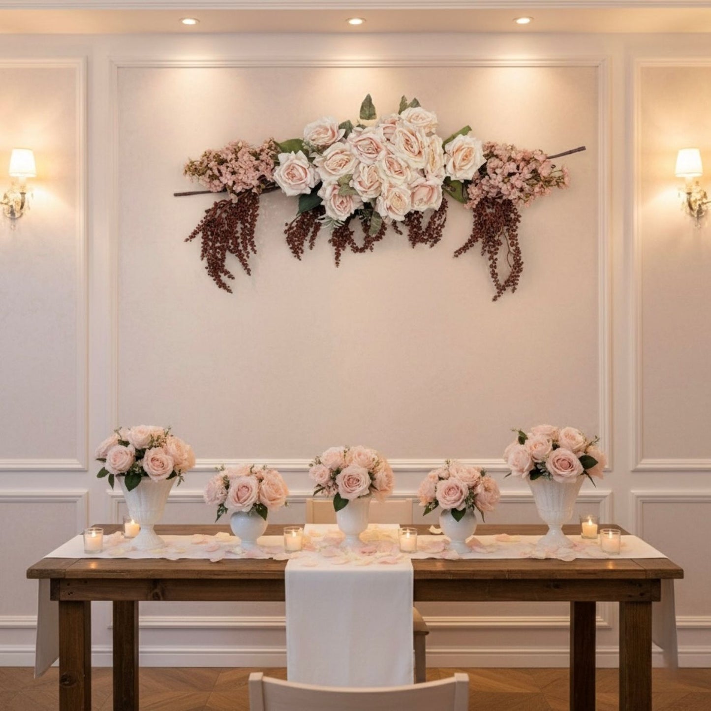 Decorative floral arrangement above a table with floral centerpieces.