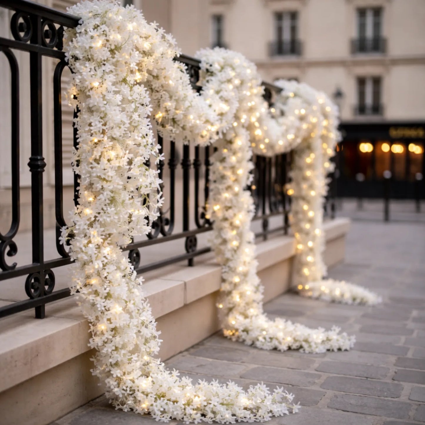 Decorative white floral garlands with lights on a railing in an urban setting.
