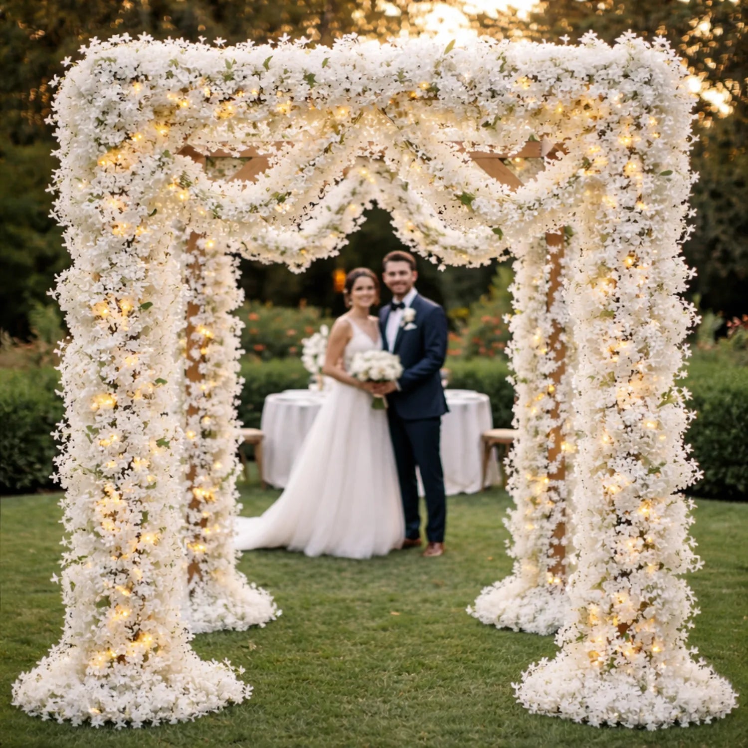 Wedding couple standing behind a floral archway with white flowers and string lights.