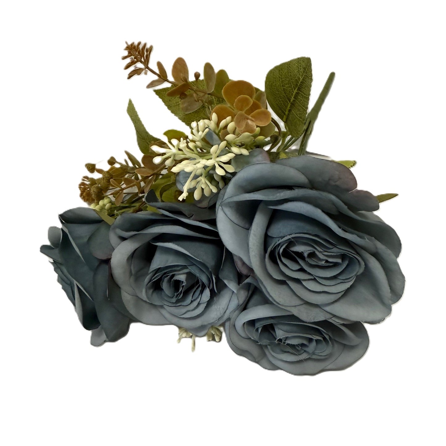 Bouquet of artificial gray roses with greenery on a white background
