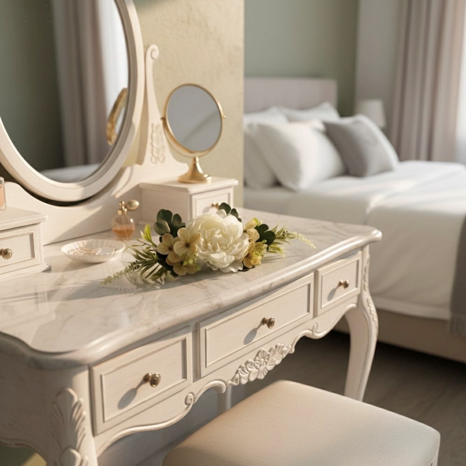 White vanity table with decorative flowers and mirrors in a bedroom setting